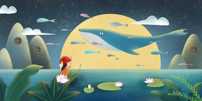梦游女孩与鲸鱼图片素材免费下载