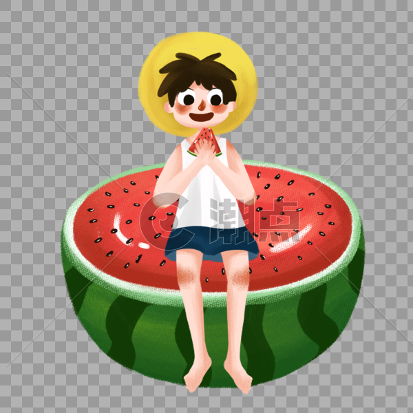 坐在西瓜上吃瓜的男孩图片素材免费下载