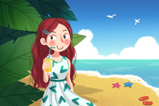 夏日海边美女插画图片素材免费下载