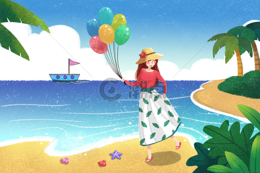 海边沙滩美女插画图片素材免费下载