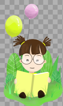 手绘卡通小女孩读书草地气球免抠素材图片素材免费下载