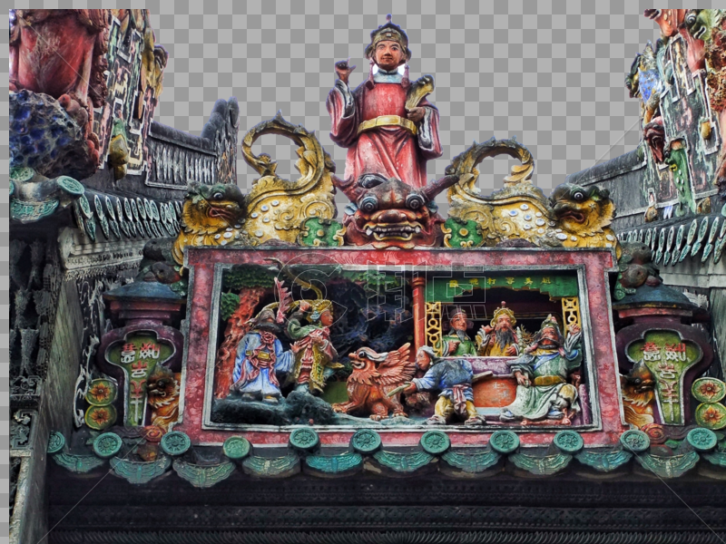 广州陈家祠精雕细琢的顶檐陶塑图片素材免费下载