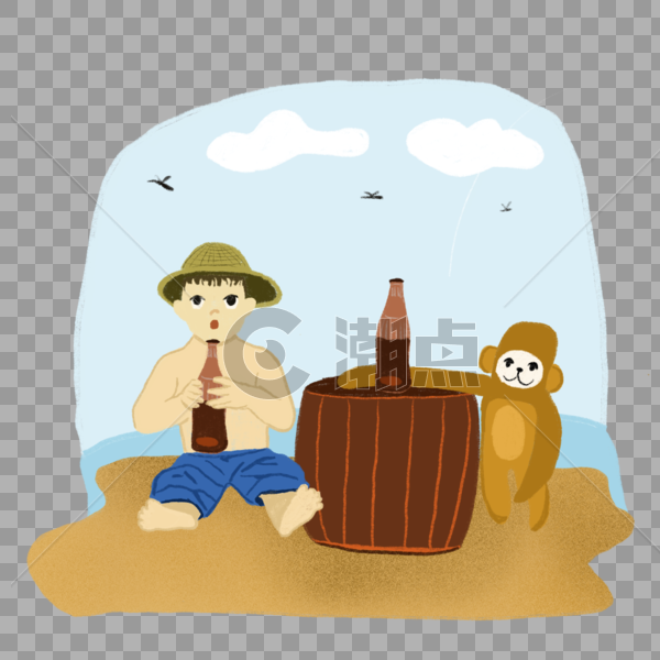 喝可乐夏日小孩草帽海滩手绘元素图片素材免费下载
