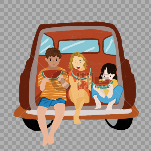 小孩在卡车上吃西瓜夏日元素图片素材免费下载
