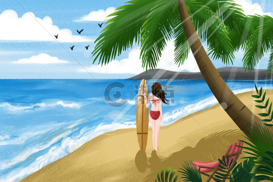夏天夏季女孩沙滩冲浪插画小清新初夏大暑节气图片素材免费下载