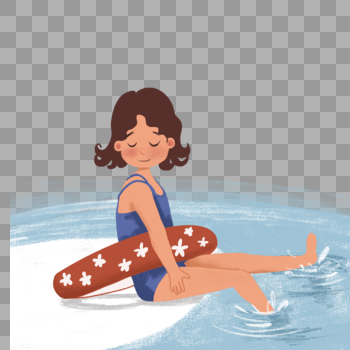 夏日在水边带着游泳圈玩水的女孩图片素材免费下载
