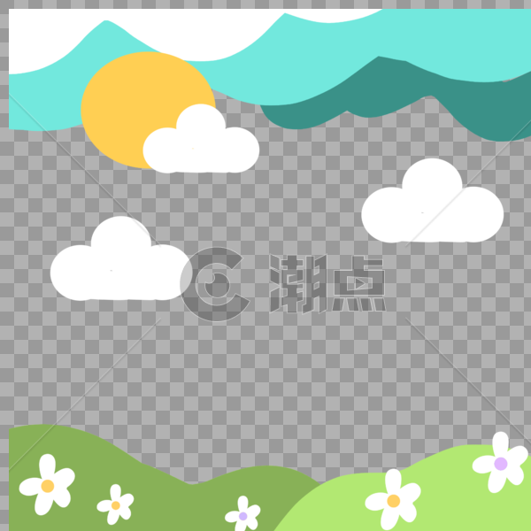 夏天春天剪纸风清新蓝天花朵太阳白云边框背景手绘图片素材免费下载