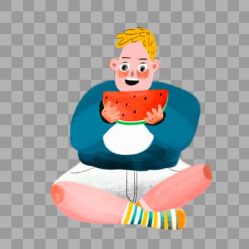 坐着吃瓜的男孩图片素材免费下载