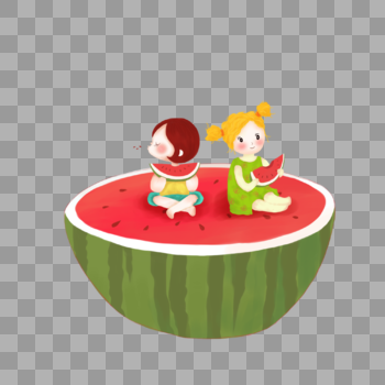 两个小孩坐在西瓜上吃西瓜图片素材免费下载