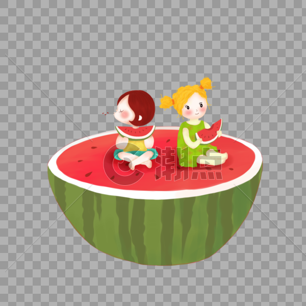两个小孩坐在西瓜上吃西瓜图片素材免费下载