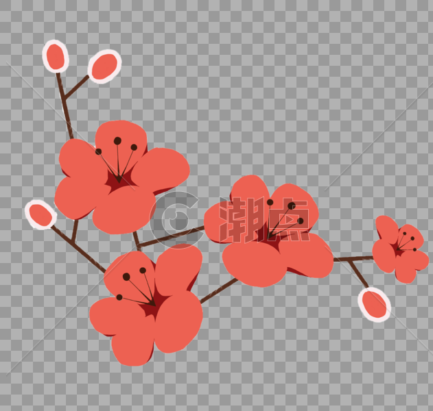红色的花和花骨朵 以及枝干构成的元素图片素材免费下载