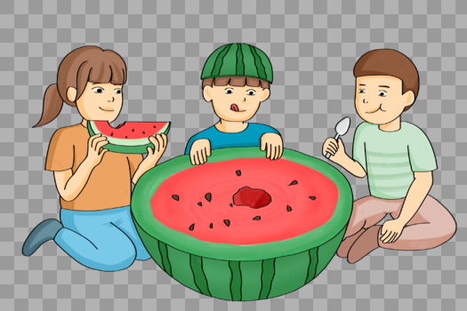 手绘卡通儿童坐着吃西瓜人物形象图片素材免费下载