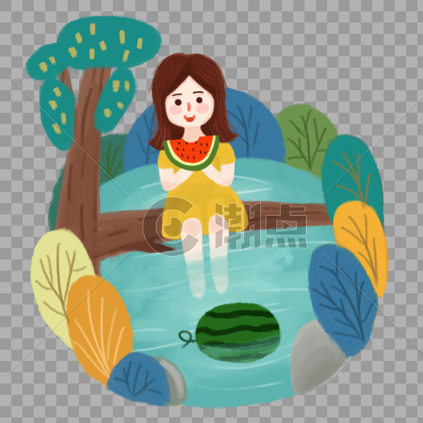 夏天女孩坐在池塘边吃西瓜图片素材免费下载