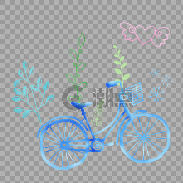 蓝色小清新自行车单车噪点卡通扁平手绘插画透明png图片素材免费下载