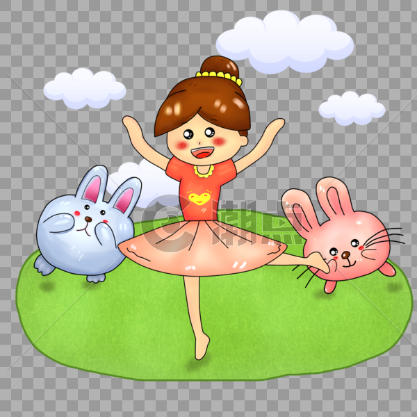 手绘卡通跳舞女孩可爱兔子PNG素材图片素材免费下载