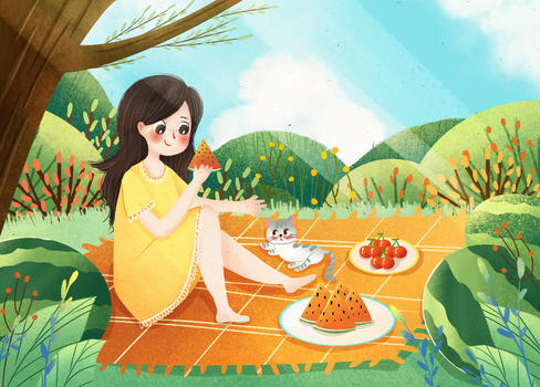夏日郊外女孩野餐吃西瓜图片素材免费下载