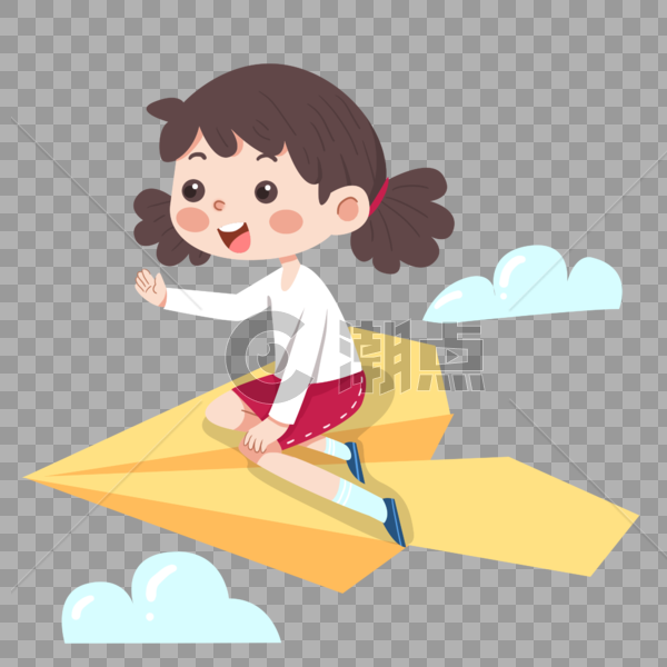 坐着黄色纸飞机的红裙子小女孩图片素材免费下载