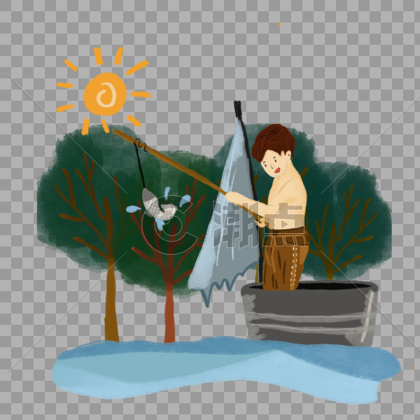 夏日阳光森林树木小孩钓鱼生活场景插画手绘元素图片素材免费下载