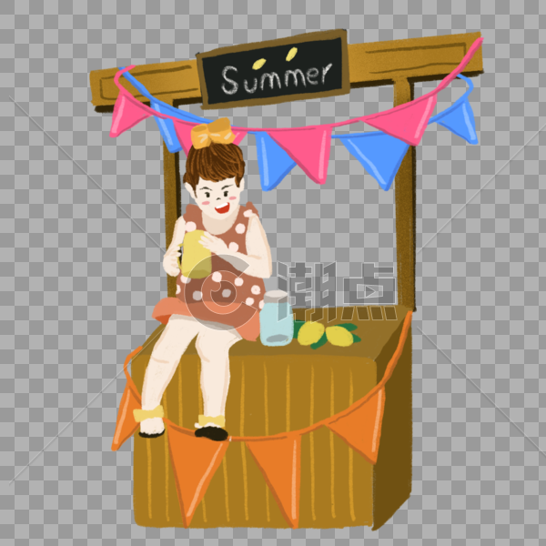 小女孩在柜台上开心快乐彩旗裙子插画元素图片素材免费下载
