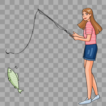 手绘女子钓鱼人物形象图片素材免费下载