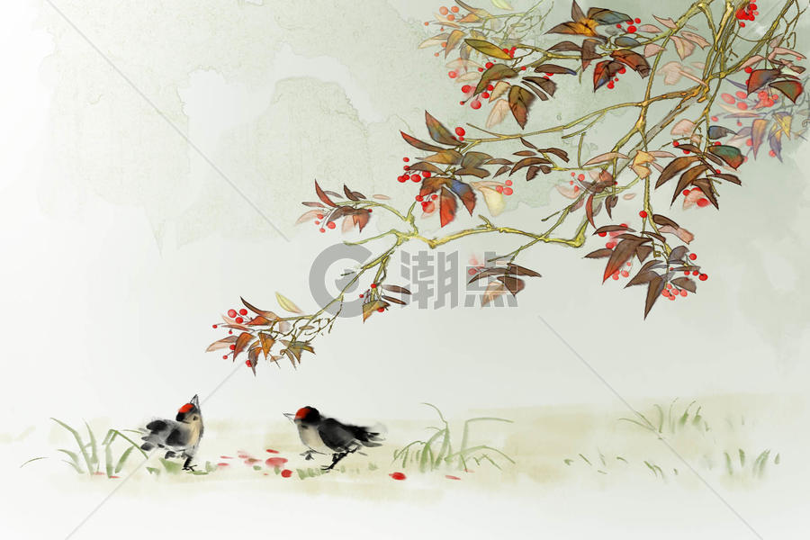 中国风国画写意红豆小鸡图图片素材免费下载