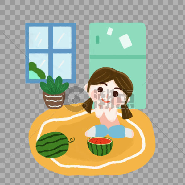 夏天在家里吃西瓜的小女孩图片素材免费下载