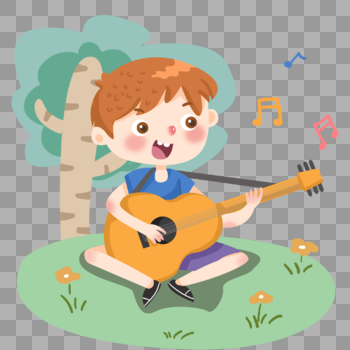 在树下弹吉他的可爱小男孩图片素材免费下载