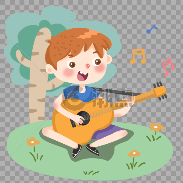 在树下弹吉他的可爱小男孩图片素材免费下载