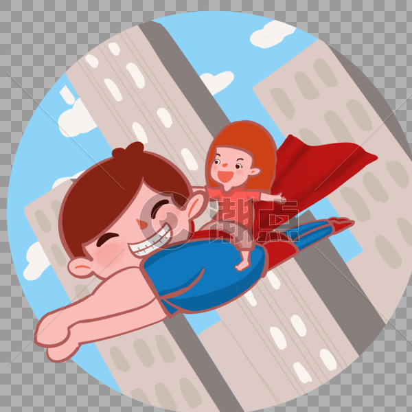 带着孩子飞翔的超人爸爸图片素材免费下载