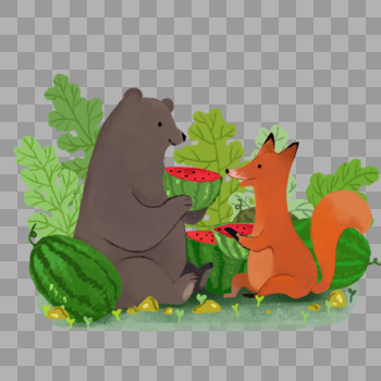 熊和狐狸吃西瓜图片素材免费下载