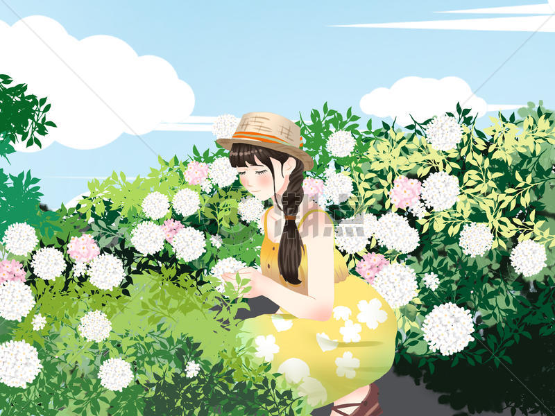 绿色小清新风格初夏在花丛中赏花的女孩图片素材免费下载