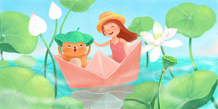 立夏小女孩坐船游玩荷花池图片素材免费下载