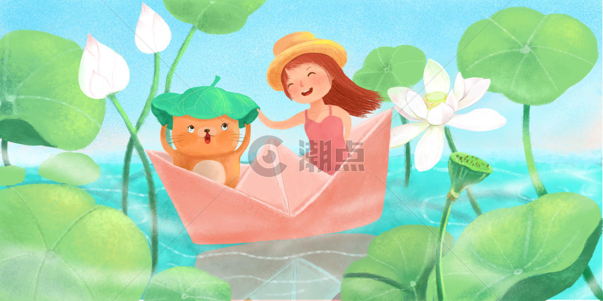 立夏小女孩坐船游玩荷花池图片素材免费下载
