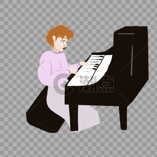 女孩弹钢琴短发侧脸紫色裙子优雅插画元素图片素材免费下载