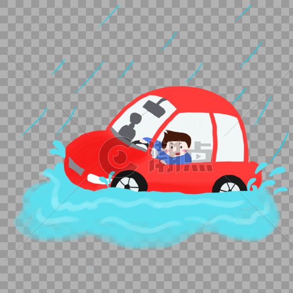 手绘大雨中开车遇到积水的男孩图片素材免费下载