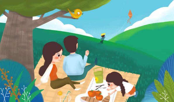 全家草地野餐插画图片素材免费下载