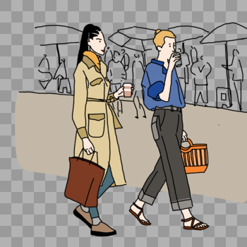 女孩喝咖啡逛街下班穿着法式漫画风格小清新手绘风格图片素材免费下载