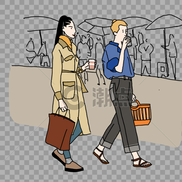 女孩喝咖啡逛街下班穿着法式漫画风格小清新手绘风格图片素材免费下载