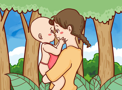 母亲节妈妈抱着孩子手绘原创插画图片素材免费下载