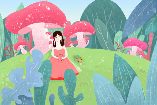 夏日蘑菇下的小姑娘图片素材免费下载