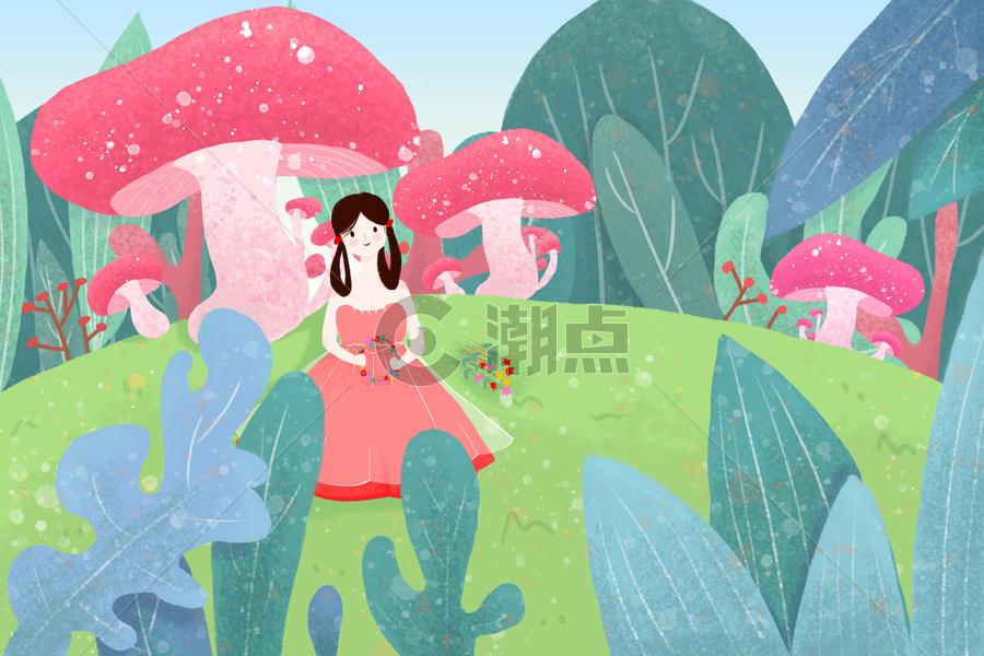 夏日蘑菇下的小姑娘图片素材免费下载