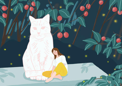 治愈系插画猫女孩之萤火虫之夏图片素材免费下载