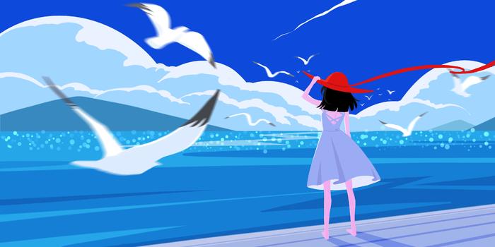 初夏女孩海边旅行插画图片素材免费下载