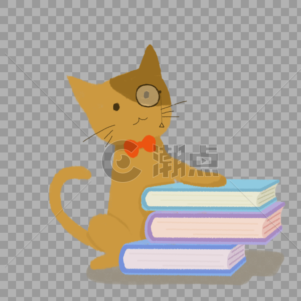 卡通手绘戴眼镜的可爱小猫和书本图片素材免费下载