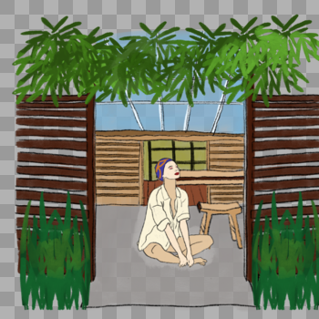 女生冥想休息养生专注门扉植物手绘插画图片素材免费下载