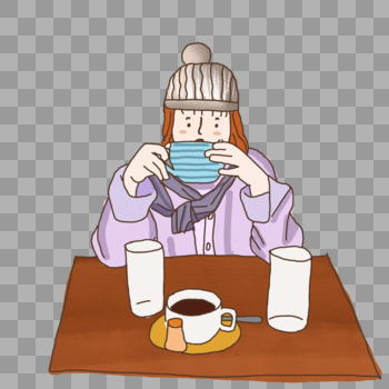 女生冬天咖啡店喝咖啡休闲文艺安静手绘插画元素图片素材免费下载