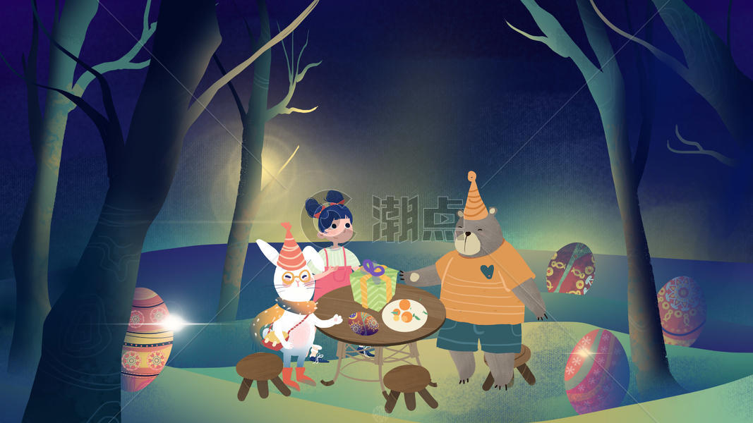小清新小女孩在树林力跟动物聚会儿童节卡通插画图片素材免费下载