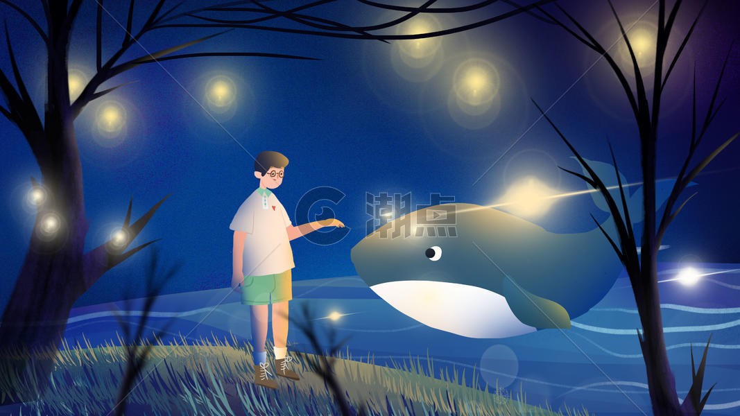 蓝色小清新男孩与鲸鱼相遇治愈插画图片素材免费下载