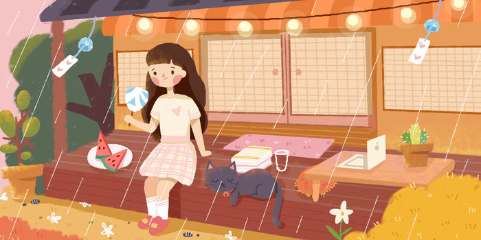 初夏夏天雨中女孩在院子中和猫咪乘凉图片素材免费下载