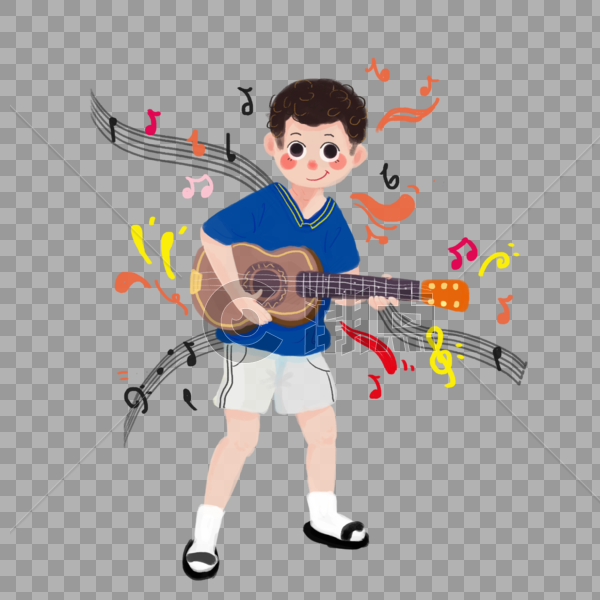 手绘音乐节弹尤克里里玩音乐的男孩图片素材免费下载
